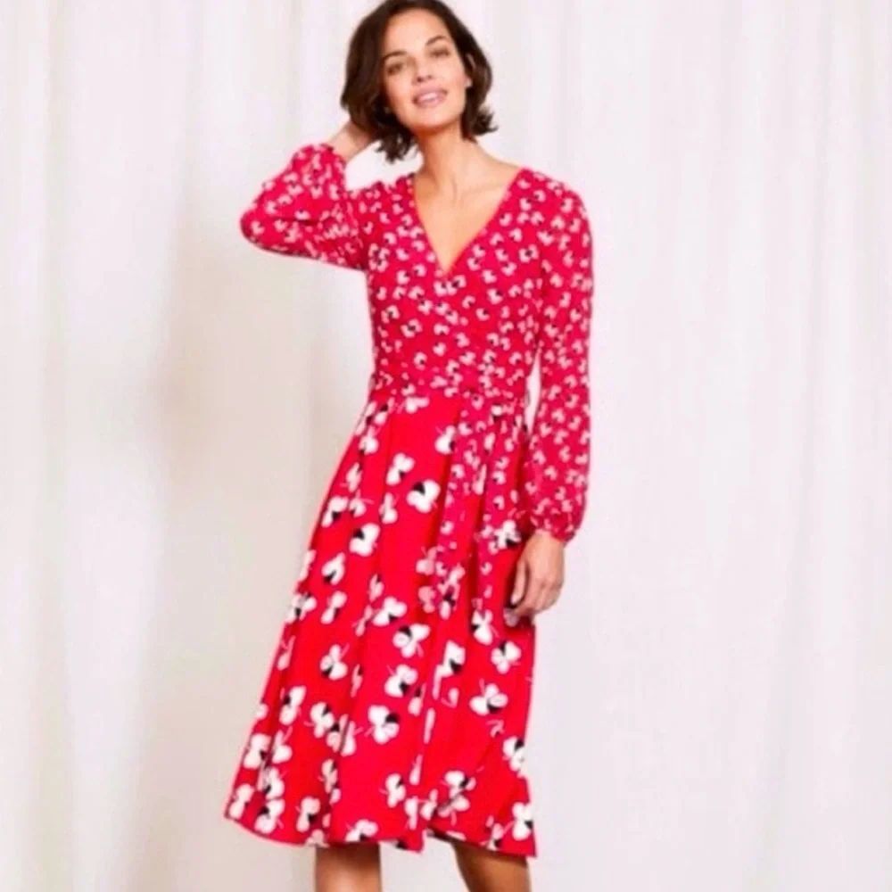 Boden Eden Red Floral Faux Wrap Dress